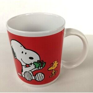 Vintage Peanuts Snoopy & Woodstock Christmas Coffee Mug Cup Red & White Holiday